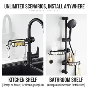 Matte black kitchen sink faucet storage rack with drainage grid and hooks