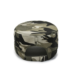 Classic jungle camouflage flat top military cap with adjustable metal back buckle closure
