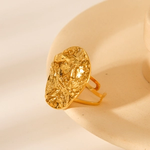 Hammered 18K gold-plated stainless steel open ring with irregular round textured design