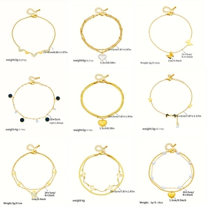 Minimalist gold titanium steel anklet set featuring heart butterfly and pearl pendants