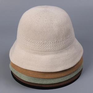 Women Knitted Polyester Bucket Hat Breathable Hollow Out Foldable Sunscreen Fisherman Hat Summer Fashion Accessory