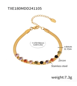 Detail of 18k gold plated stainless steel snake chain bracelet with colorful zircons