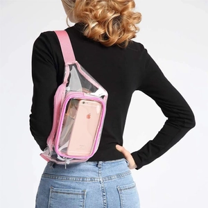 Clear PVC waterproof waist bag with pink nylon straps shown on a model for outdoor sports