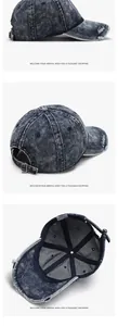 Close-up of distressed washed denim baseball cap with embroidery and adjustable buckle
