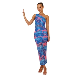 Slim fit floral one shoulder maxi dress with blue and pink mesh pleated texture