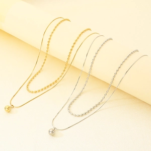 Colliers double rang en acier inoxydable avec pendentifs boules en or et argent