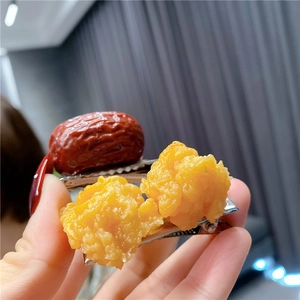 Creative realistic food hair clips featuring red dates and fried chicken on metal duckbill pins