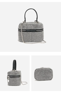 Detailed views of a sparkling silver rhinestone square bag with a sleek chain strap