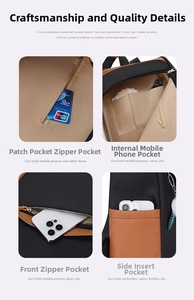 Detail view of backpack multi-pocket storage including internal zipper and side pockets