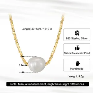 925 sterling silver gold chain necklace with natural white baroque pearl pendant