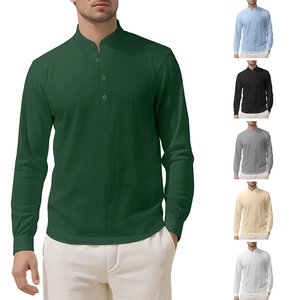 Men Linen Shirt Breathable Long Sleeve Henley Stand Collar Solid Color Casual Summer Beach Top