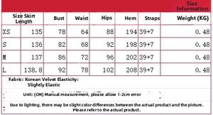 Detailed size chart with measurements for the velvet midi dress in various sizes