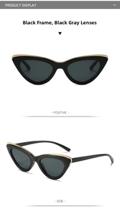 Detailed view of cat-eye sunglasses with gold metal trim and dark gray lenses
