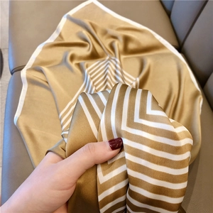 Golden brown striped silk scarf shawl 90cm for women with smooth elegant texture