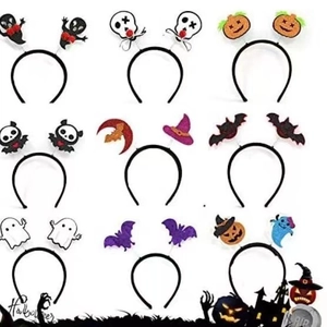 Macro view of nine different Halloween headband designs including ghosts, pumpkins and bats