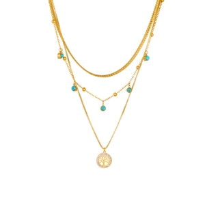 Multi-layer gold tree of life necklace with turquoise pendant and sleek snake chain