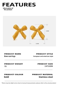 Detail specifications of 18K gold plated stainless steel bow earrings with size info