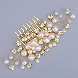 Elegant bridal hair comb with pearls and rhinestones in vintage gold finish for weddings