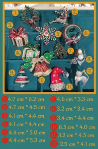 Detailed size guide showing dimensions for various Christmas brooches in centimeters
