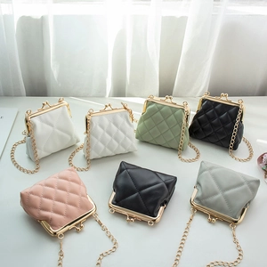 Women Quilted PU Leather Mini Crossbody Bag With Golden Chain Kiss Lock Elegant Fashion Pouch Purse
