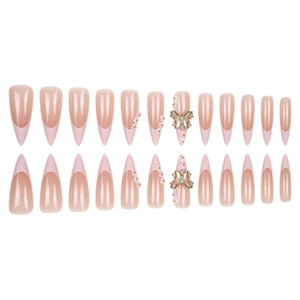 French nude pink stiletto press-on nails set with 3D butterfly and floral accents