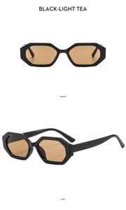Detailed front and side views of hexagonal black sunglasses with light tea lenses