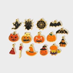 14PCS Halloween enamel charms set featuring pumpkin bat and ghost pendants for DIY jewelry