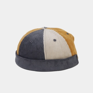 Retro corduroy color-block brimless dockers hat in yellow, grey, and cream colors