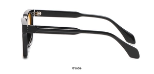 Detailed side view of square matte black sunglasses featuring a premium metal hinge
