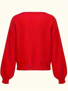 Maglione da donna rosso con scollo a V, maniche lunghe e polsini a costine, vestibilità comoda