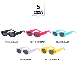 Five colorful oval retro sunglasses in black, pink, green, white, and yellow frames