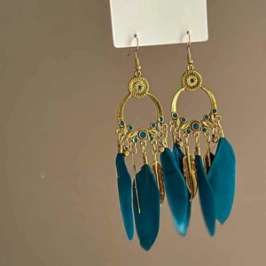 Bohemian gold hollow ring earrings with dark blue feathers and vintage beads