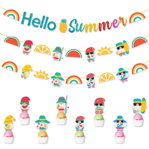 Close-up of Hello Summer party banners with gnome cupcake toppers and fruit patterns