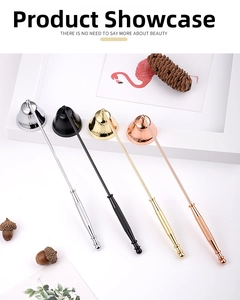 Detail of metal candle snuffers in four finishes with textured non-slip handles