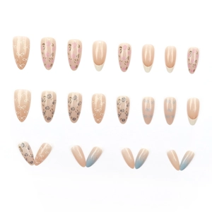 Almond-shaped press-on nails with floral rose, bow patterns, and French ombre designs