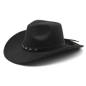 Detail of wool jazz hat with black leather band featuring silver star metal studs