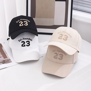 Fashionable baseball caps in black, white, and beige with Est.Number 23 embroidery
