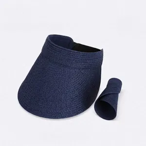Navy blue wide brim straw sun visor hat with foldable roll-up design for women
