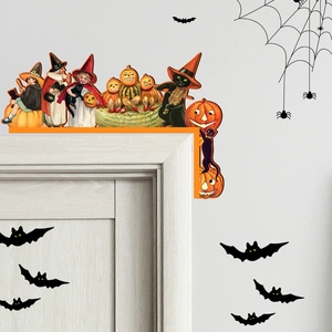 L-shaped vintage Halloween door corner decor featuring a witch, black cat and pumpkins