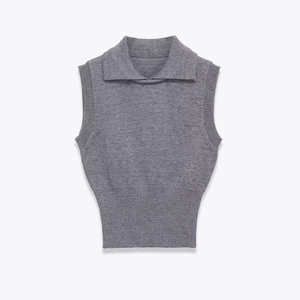 Gilet In Maglia Da Donna Colletto Polo Senza Maniche Top Maglione Tinta Unita Vestibilità Aderente Corto Casual