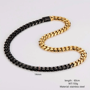 Detail of 14mm two-tone black and gold stainless steel Cuban link chain with dimensions