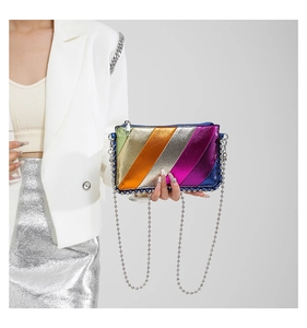 Detail of colorful rainbow striped crossbody bag with silver metallic sphere chain