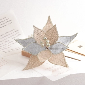Champagne gold and silver glitter burlap Christmas flowers for tree and wreath decoration