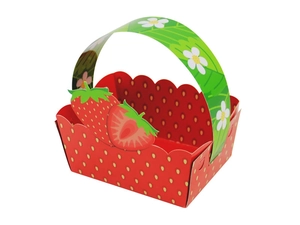 Detail of strawberry-themed paper gift basket with floral handle and red fruit pattern