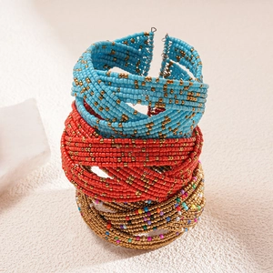 Bohemian multilayer seed bead woven open bangles in blue, orange, and gold colors