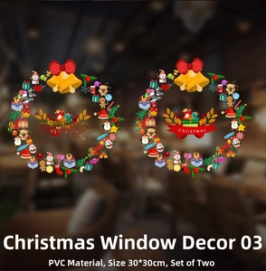 Detail of PVC Christmas wreath window stickers featuring bells, reindeer and snowmen