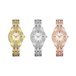 Montre à quartz luxe pour femme en or, argent et or rose sertie de strass brillants