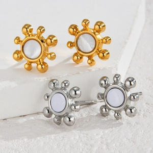Floral embossed earrings with white pearl inlay in gold and silver stainless steel