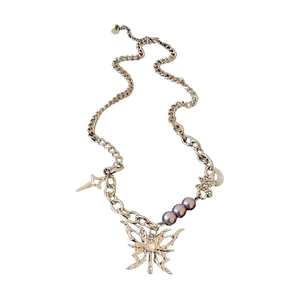 Vintage silver lava butterfly necklace with rhinestones and purple pearls on a white base