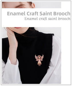 Detailed enamel saint brooch with colorful mosaic patterns worn on black vest and shirt
